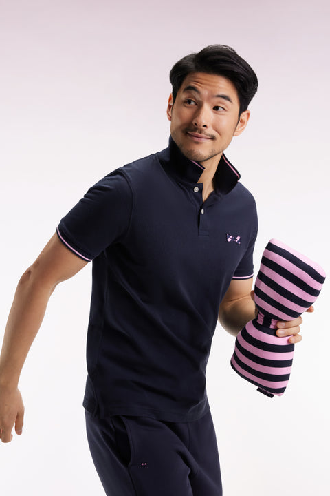 Short-sleeved polo shirt in navy cotton with hooped embroidery - Image 1