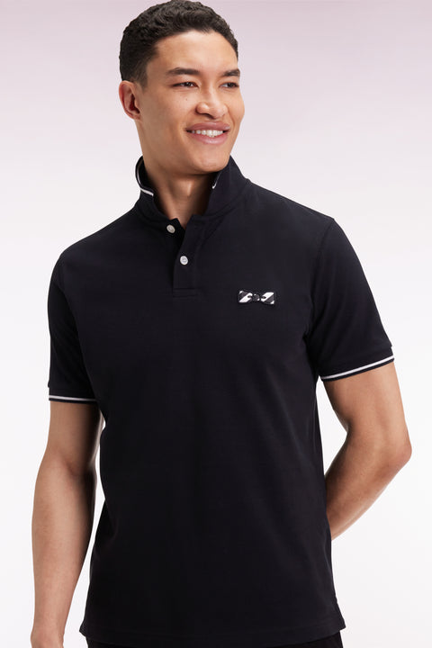 Short-sleeved polo shirt in black cotton with hooped embroidery - Image 1
