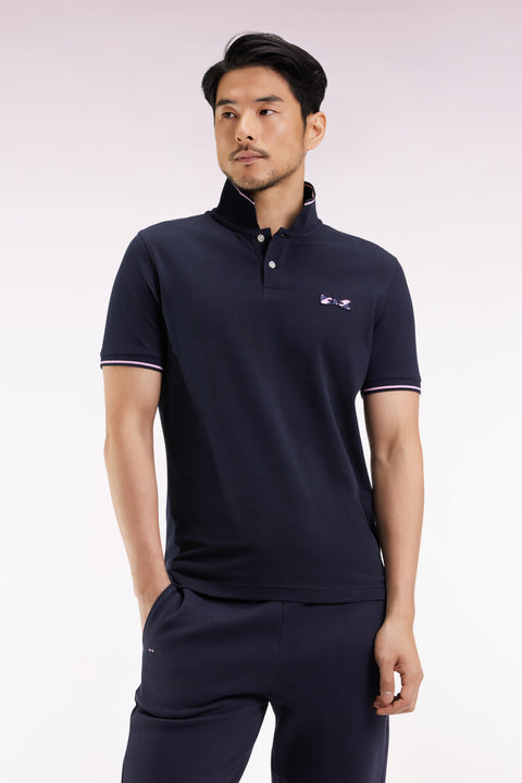 Short-sleeved polo shirt in navy cotton with hooped embroidery - Image 3
