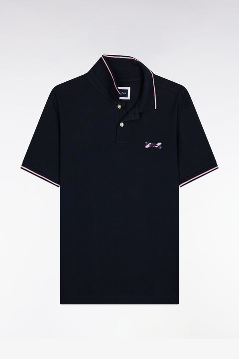 Short-sleeved polo shirt in navy cotton with hooped embroidery - Image 2