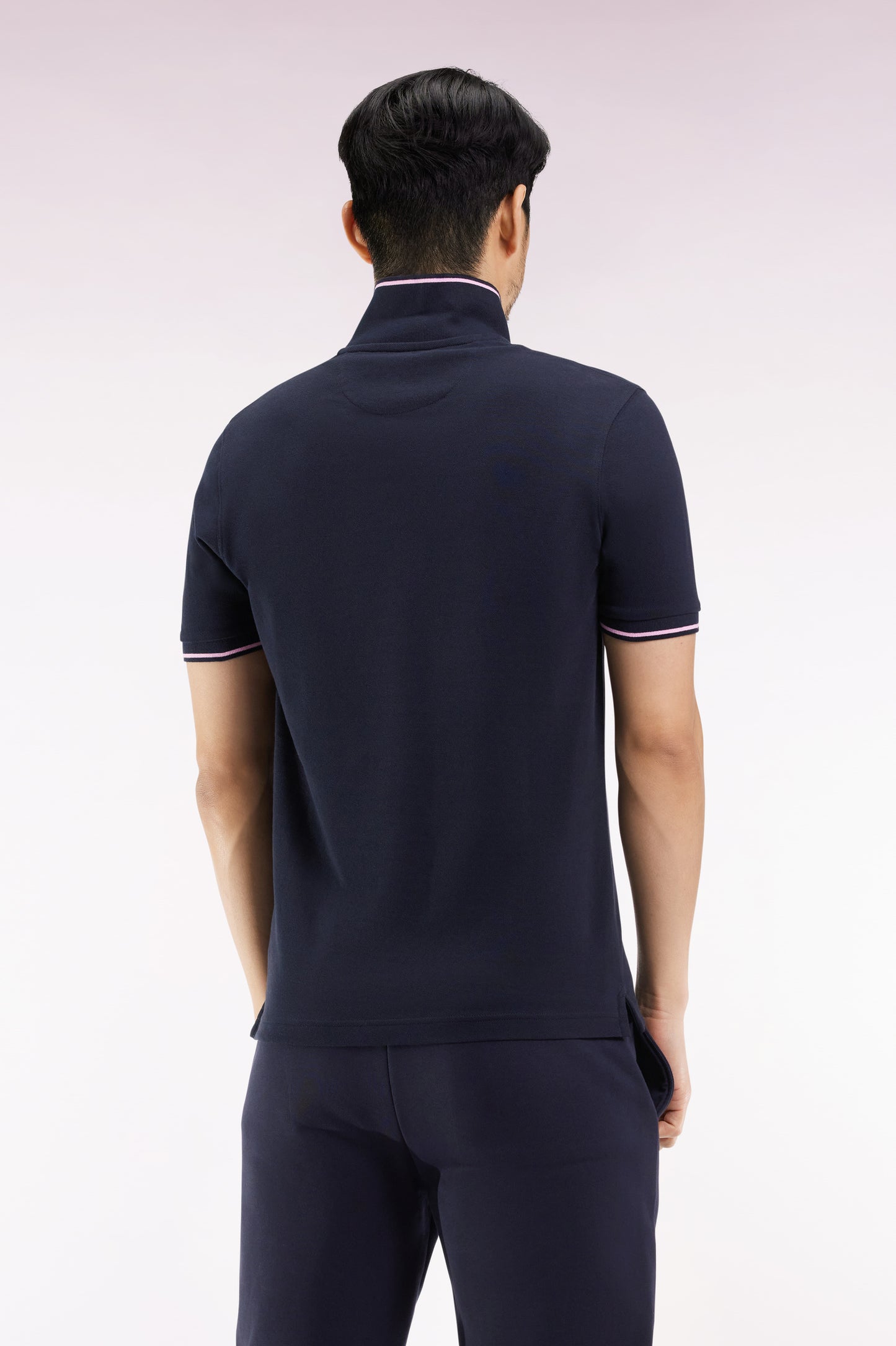 Short-sleeved polo shirt in navy cotton with hooped embroidery