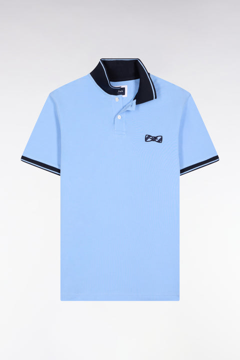Short-sleeved polo shirt in sky cotton with hooped embroidery - Image 2