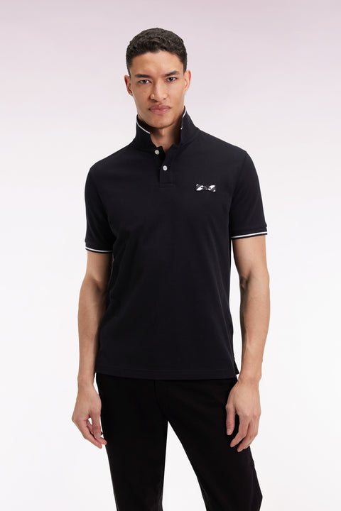 Short-sleeved polo shirt in black cotton with hooped embroidery - Image 3