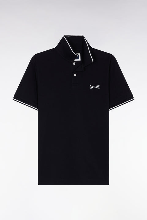 Short-sleeved polo shirt in black cotton with hooped embroidery - Image 2