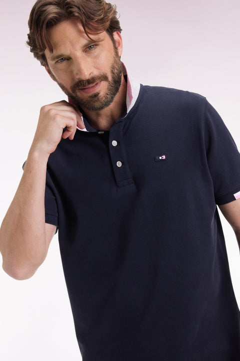 Short-sleeved polo shirt in navy cotton with tricolored details, loose fit - Image 1