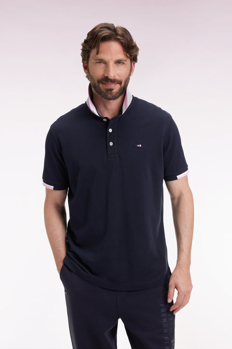 Short-sleeved polo shirt in navy cotton with tricolored details, loose fit - Image 3