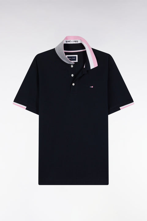 Short-sleeved polo shirt in navy cotton with tricolored details, loose fit - Image 2