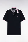 Short-sleeved polo shirt in navy cotton with tricolored details, loose fit