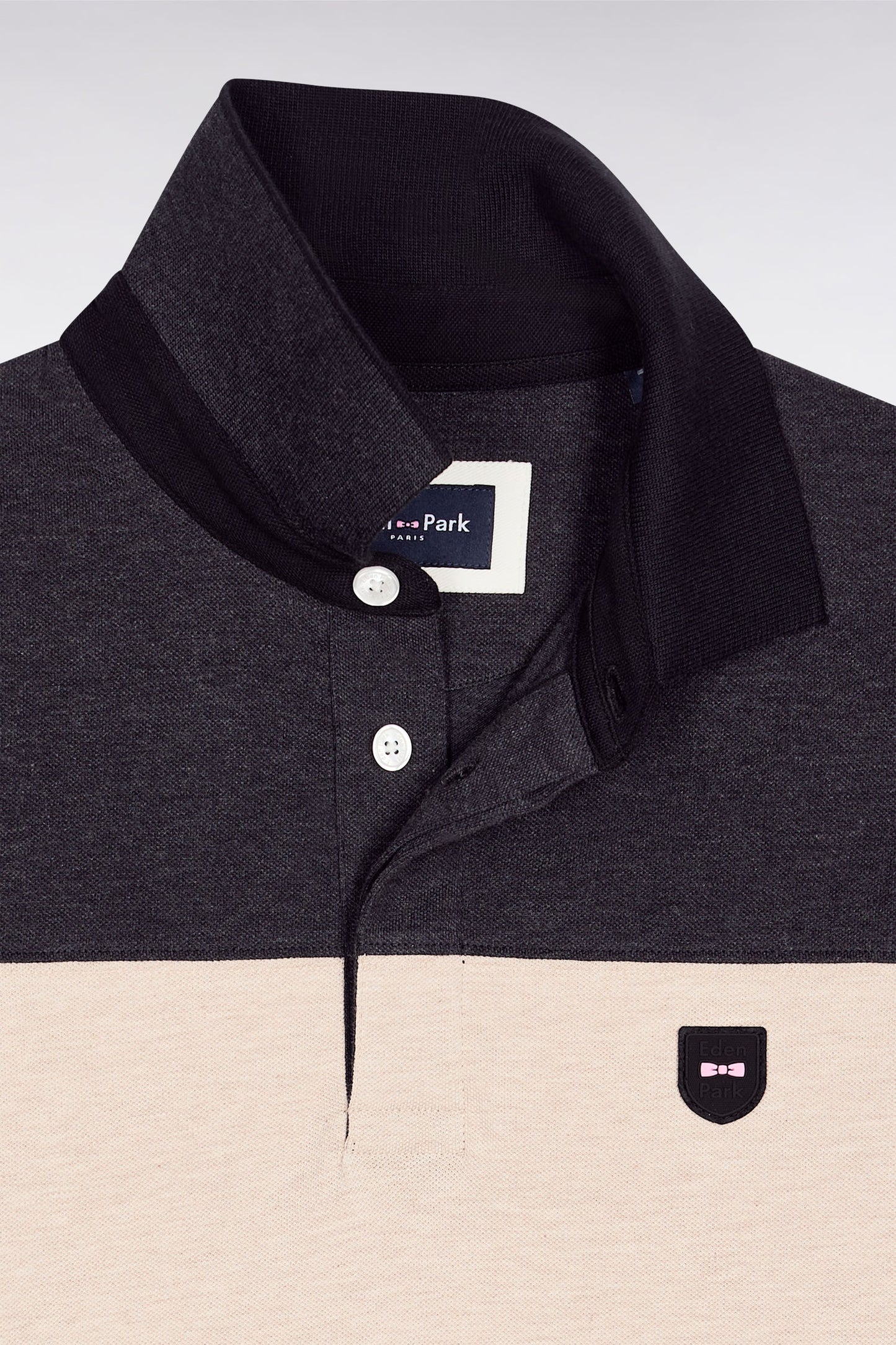 Polo tricolore manches courtes en piqué coton stretch gris coupe slim