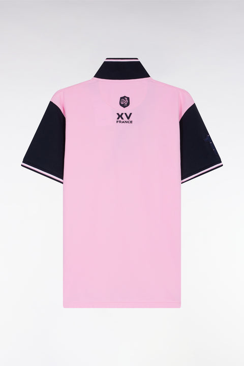 Short-sleeved pink and navy polo shirt with tricolored trim, straight cut - Image 2
