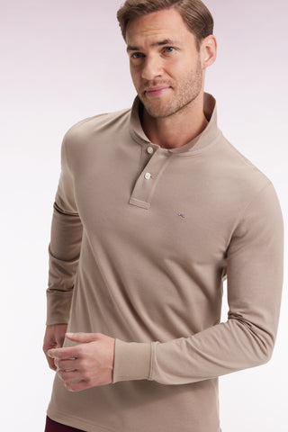 Long-sleeved polo shirt in beige Pima cotton, straight cut