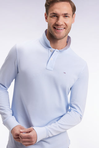 Long-sleeved polo shirt in straight-cut sky Pima cotton