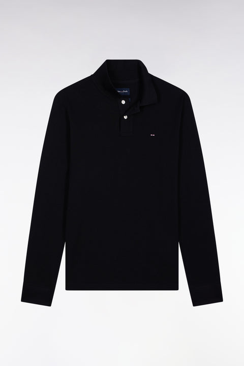 Long-sleeved polo shirt in black Pima cotton, straight cut - Image 2