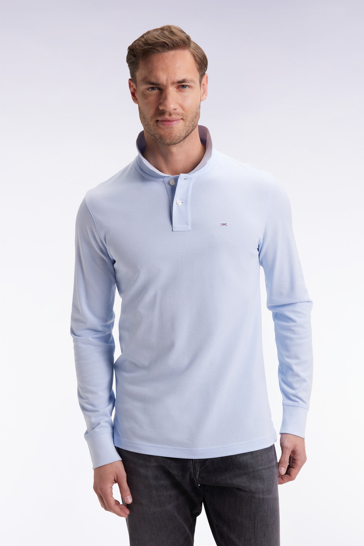 Long-sleeved polo shirt in straight-cut sky Pima cotton