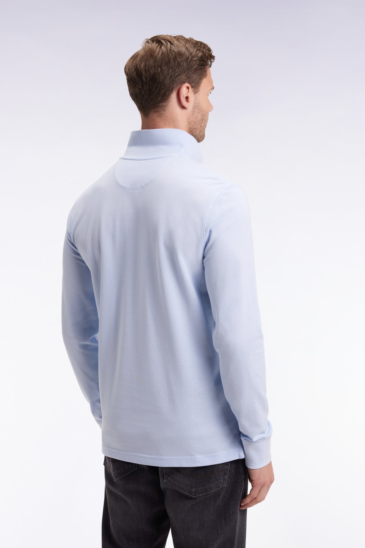 Long-sleeved polo shirt in straight-cut sky Pima cotton
