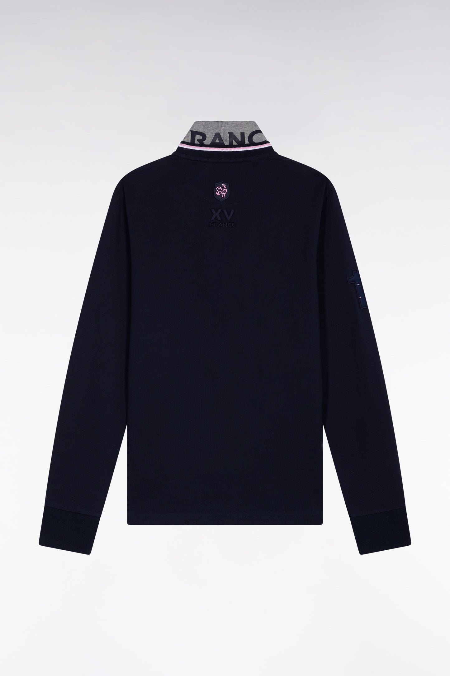 Long-sleeved polo shirt in navy cotton, embroidered, straight cut