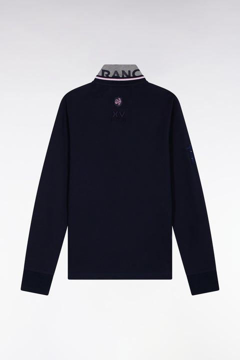 Long-sleeved polo shirt in navy cotton, embroidered, straight cut - Image 2