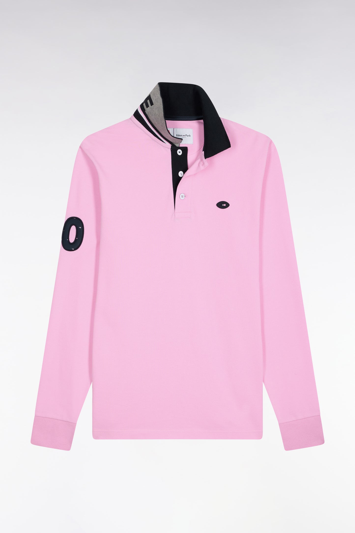 Long-sleeved polo shirt in pink cotton with embroidery, straight cut