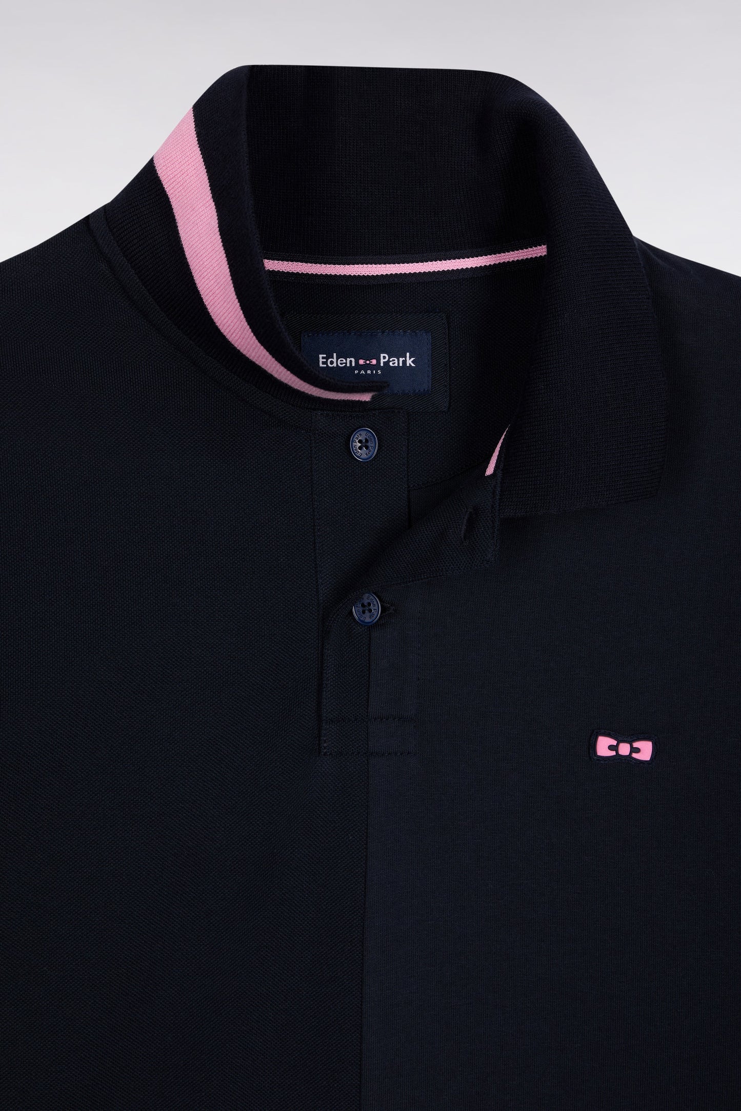 Long-sleeved polo shirt in navy cotton piqué with pink piping Relaxed fit