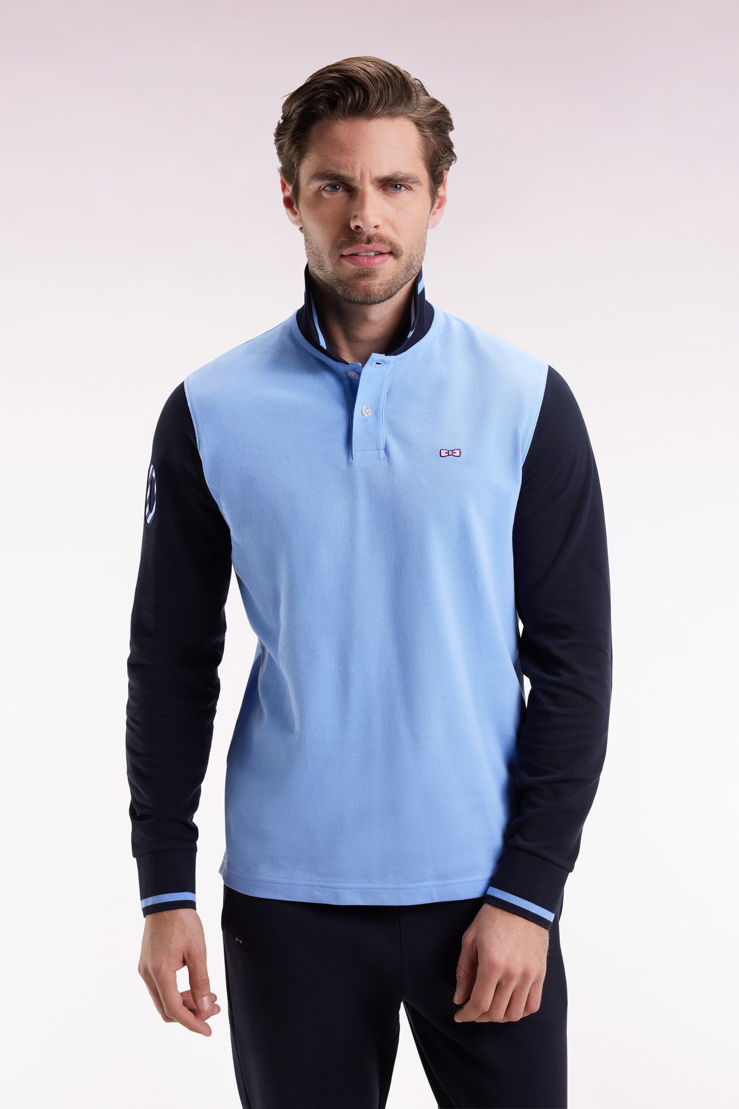 Long-sleeved polo shirt in two-tone cotton piqué with sky embroidery 10