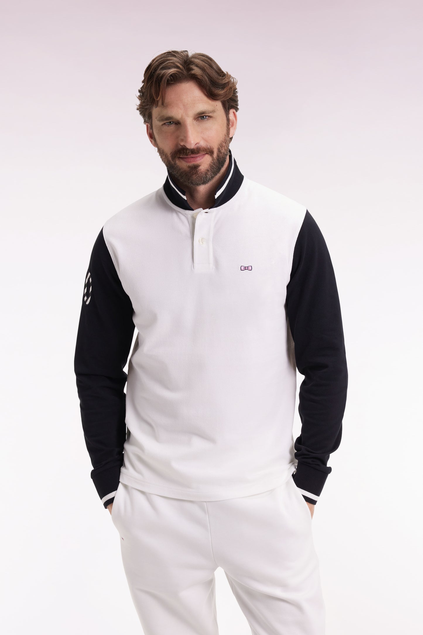 Long-sleeved polo shirt in two-tone cotton piqué, white, embroidered 10