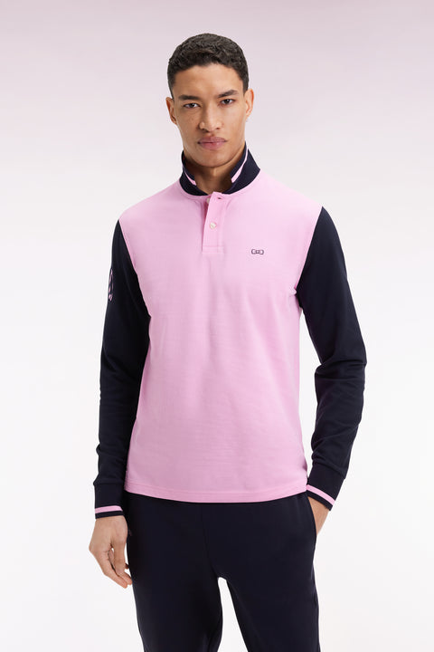 Long-sleeved polo shirt in two-tone pink cotton piqué with embroidery 10 - Image 3