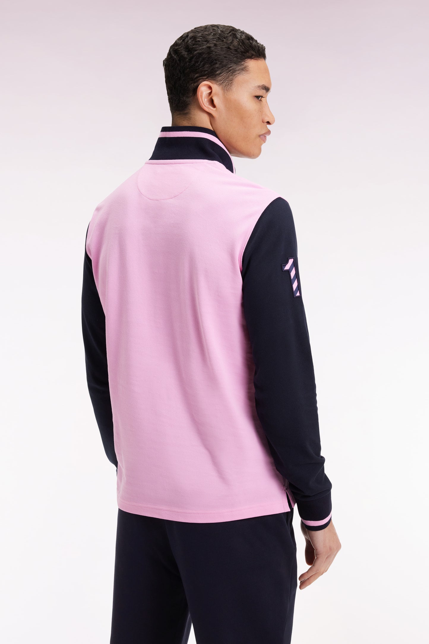 Long-sleeved polo shirt in two-tone pink cotton piqué with embroidery 10