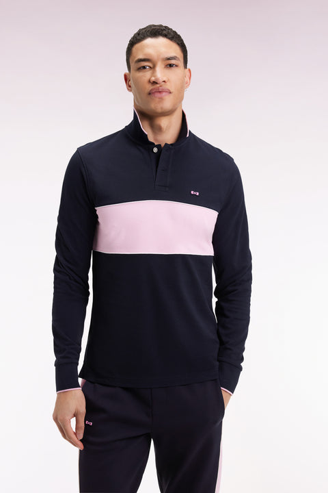 Long-sleeved polo shirt in pink stripe navy cotton piqué - Image 1