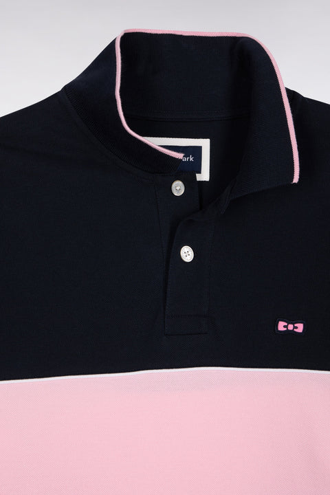 Long-sleeved polo shirt in pink stripe navy cotton piqué - Image 3