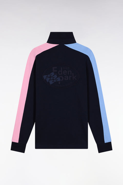 Long-sleeved navy polo shirt with tri-color cut-out sleeves - Image 2