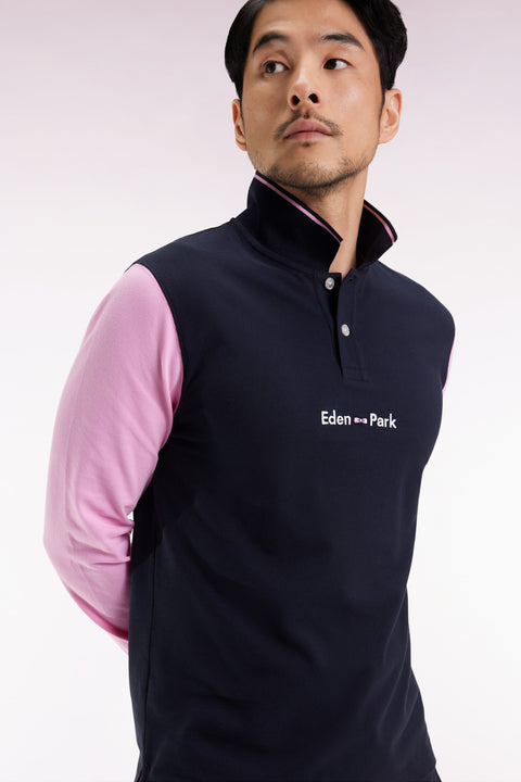 Long-sleeved polo shirt in two-tone pink cotton piqué with Eden Park logo - Image 1