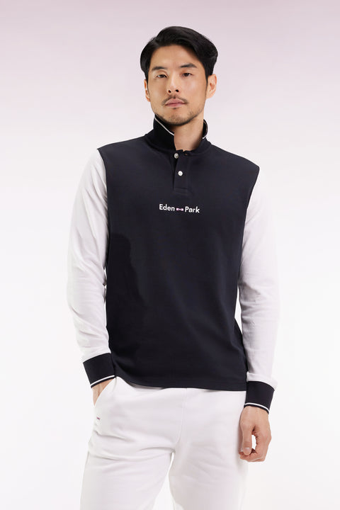 Long-sleeved polo shirt in two-tone cotton piqué with white Eden Park logo - Image 3