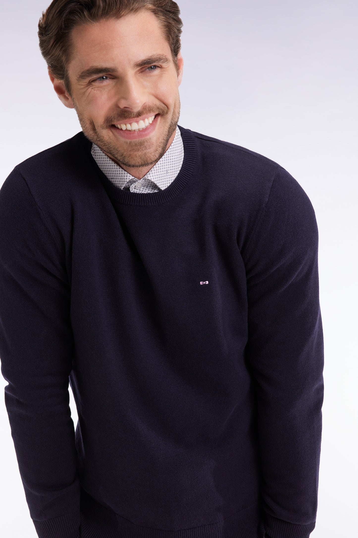 Navy wool and cotton round-neck sweater
