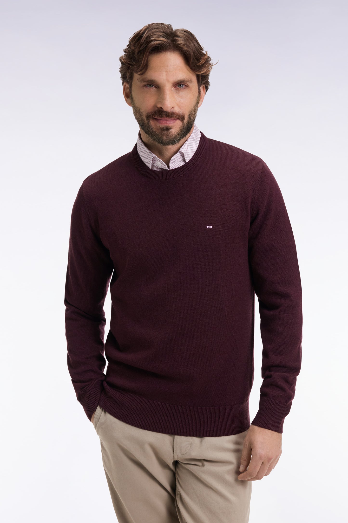 Round-neck sweater in burgundy wool and cotton