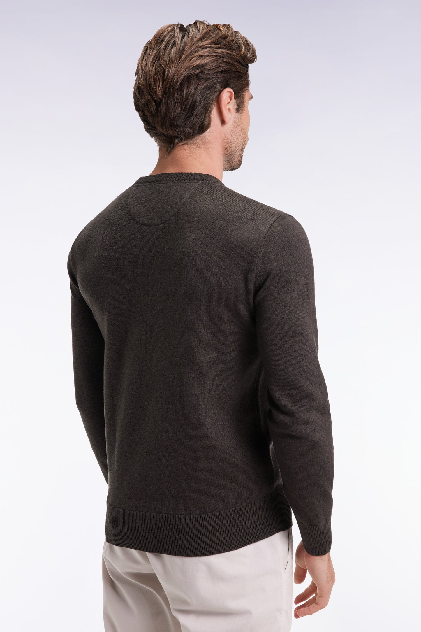 Round-neck sweater in bottle-green wool and cotton