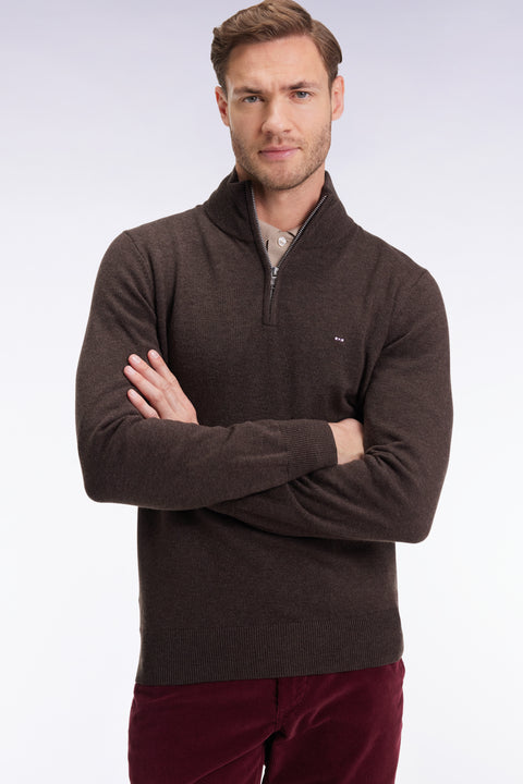 Brown wool and cotton trucker-neck sweater - Image 1