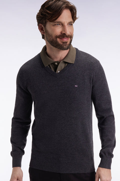 Dark grey wool and cotton V-neck sweater - Image 1