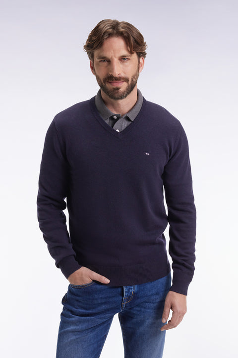 Dark blue wool and cotton V-neck sweater - Image 1