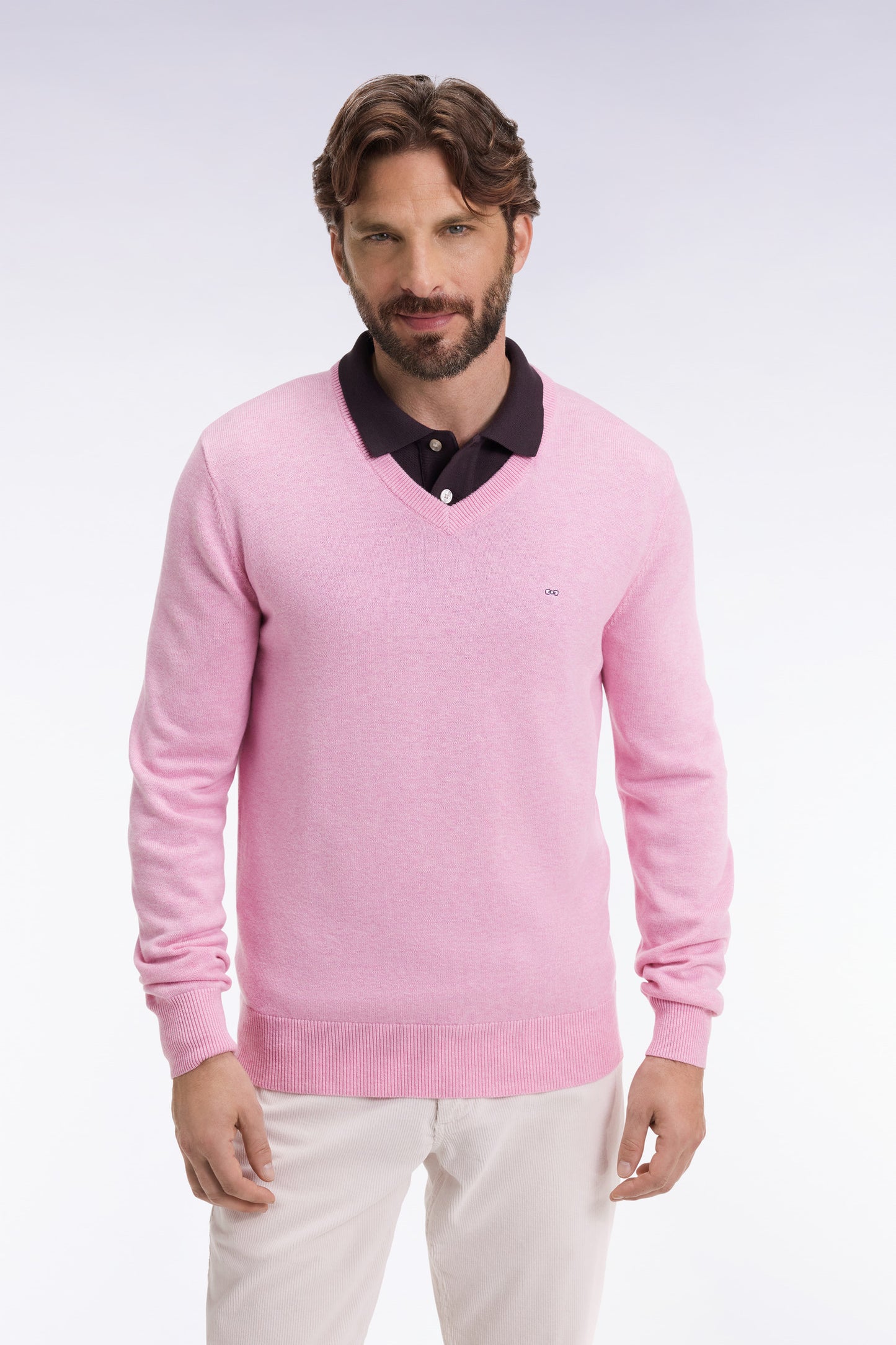 Pink wool and cotton V-neck sweater