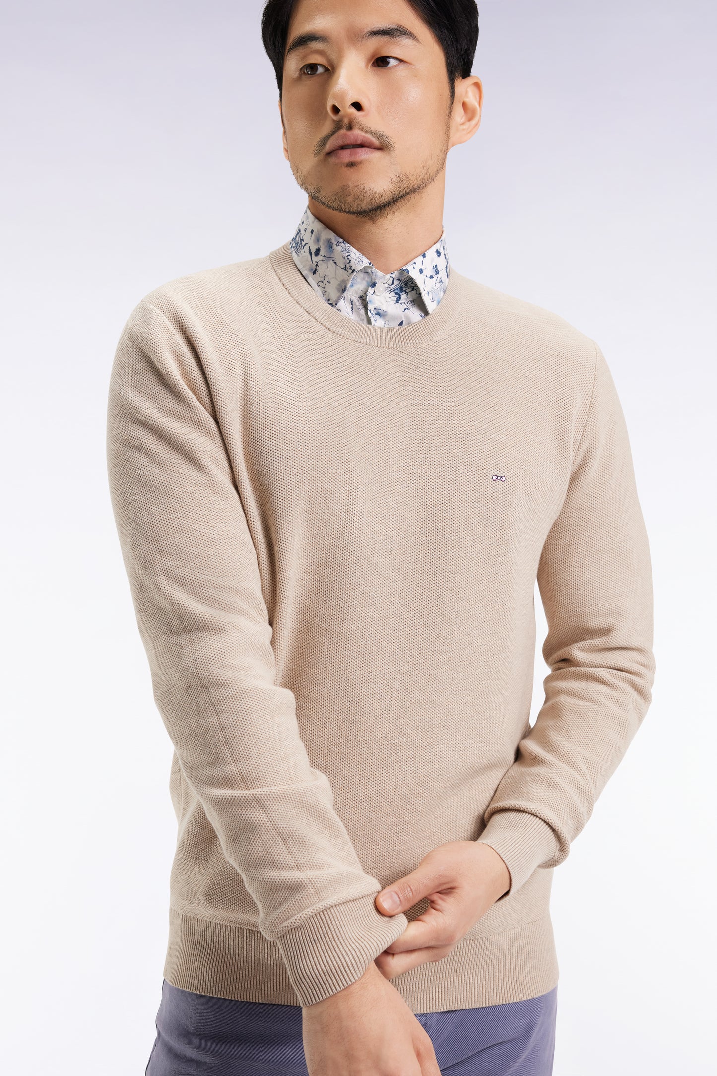 Round-neck sweater in beige cotton honeycomb