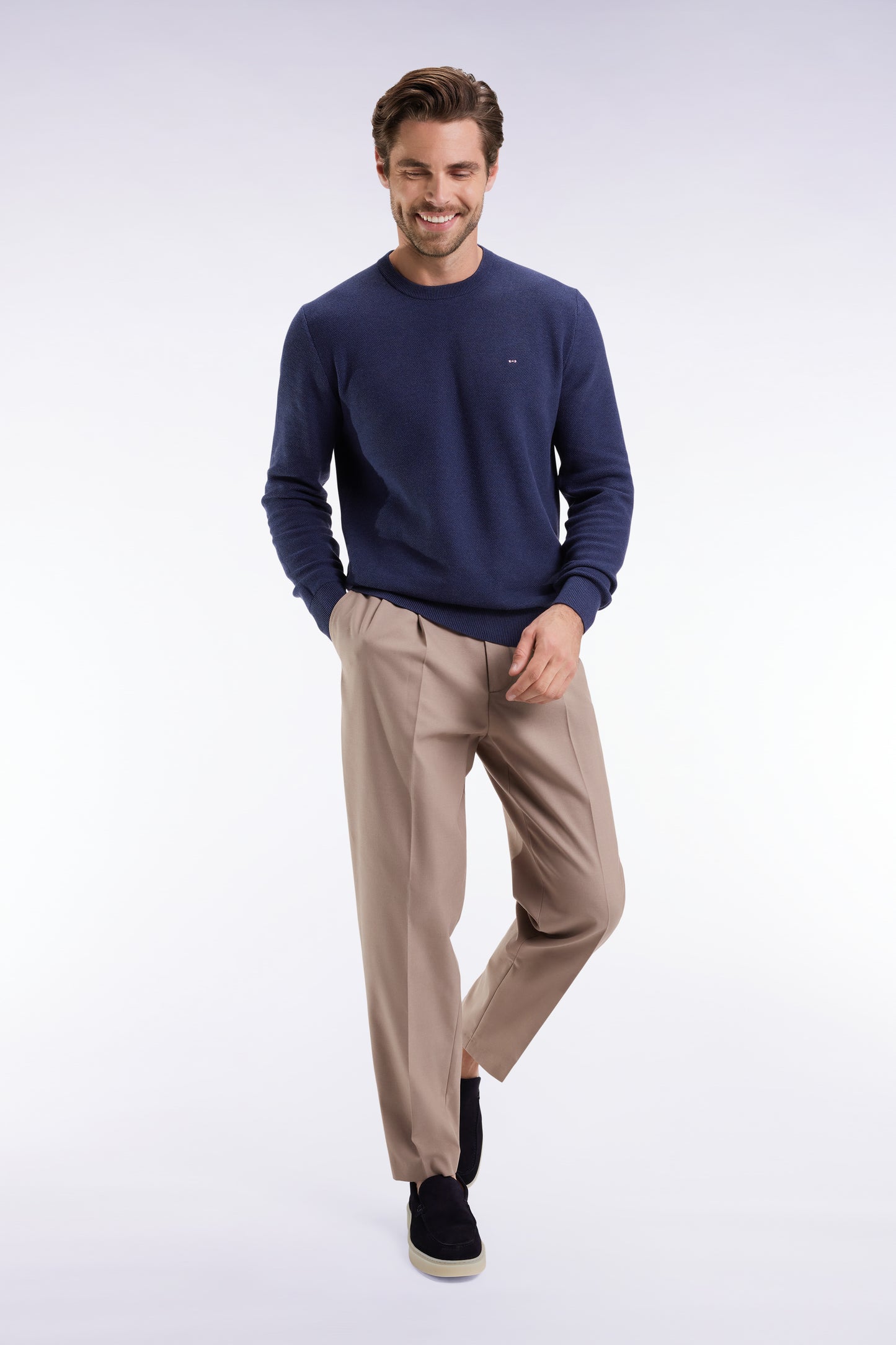 Round-neck sweater in navy cotton honeycomb