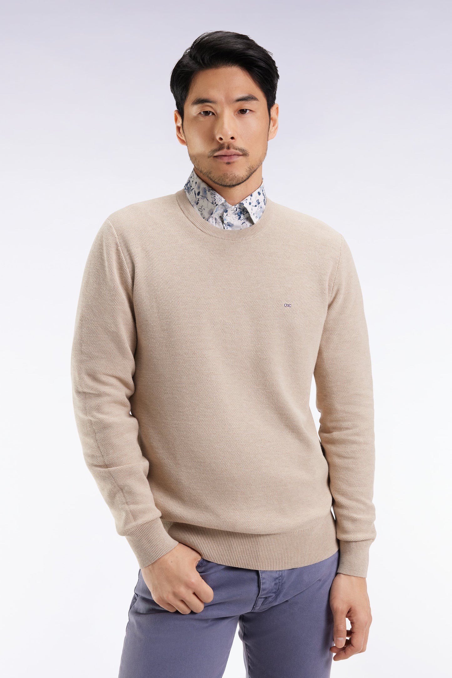 Round-neck sweater in beige cotton honeycomb