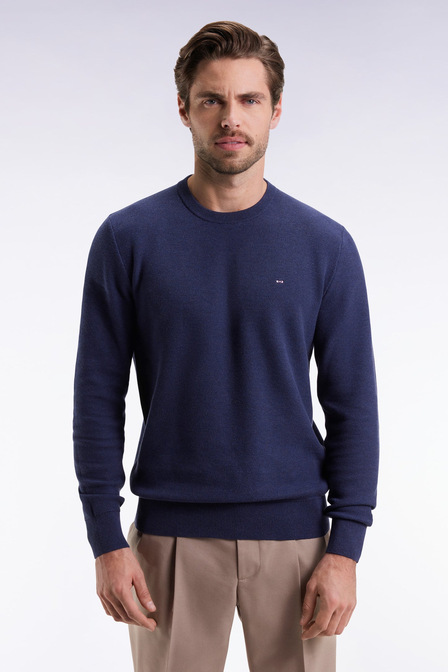 Round-neck sweater in navy cotton honeycomb