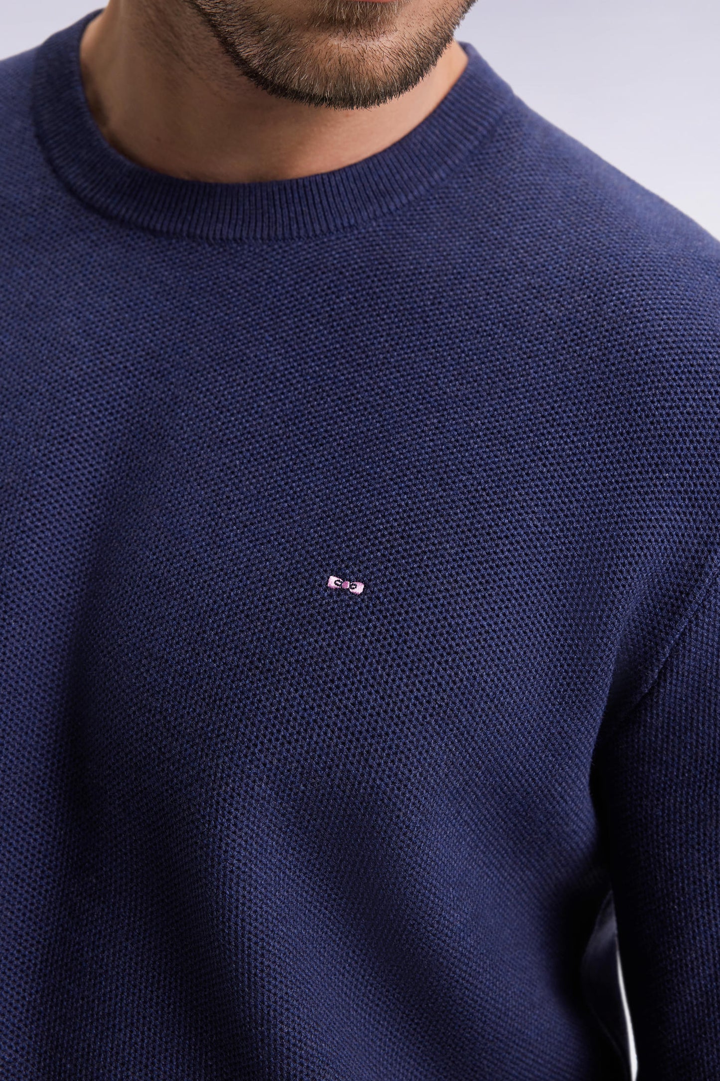 Round-neck sweater in navy cotton honeycomb