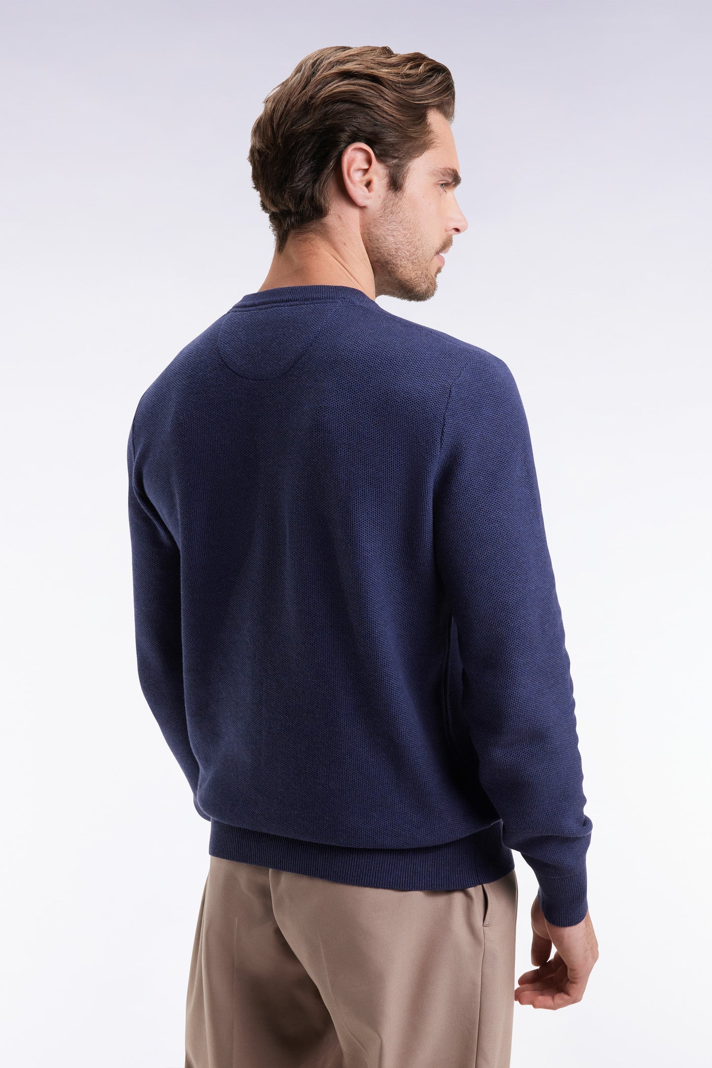Round-neck sweater in navy cotton honeycomb