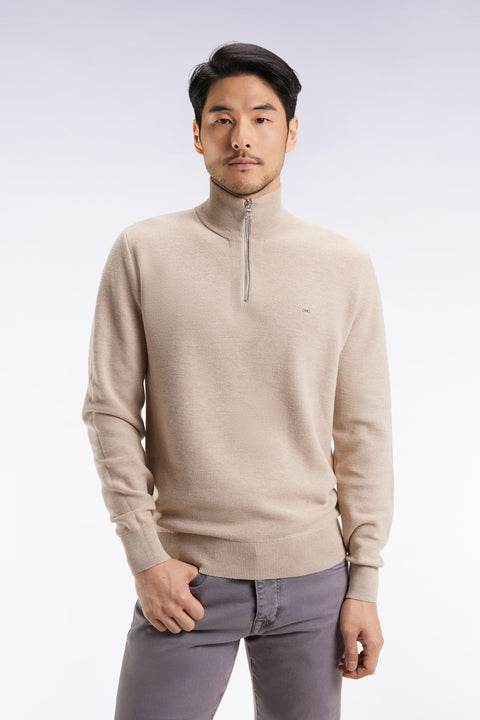 Beige cotton honeycomb trucker-neck sweater - Image 1