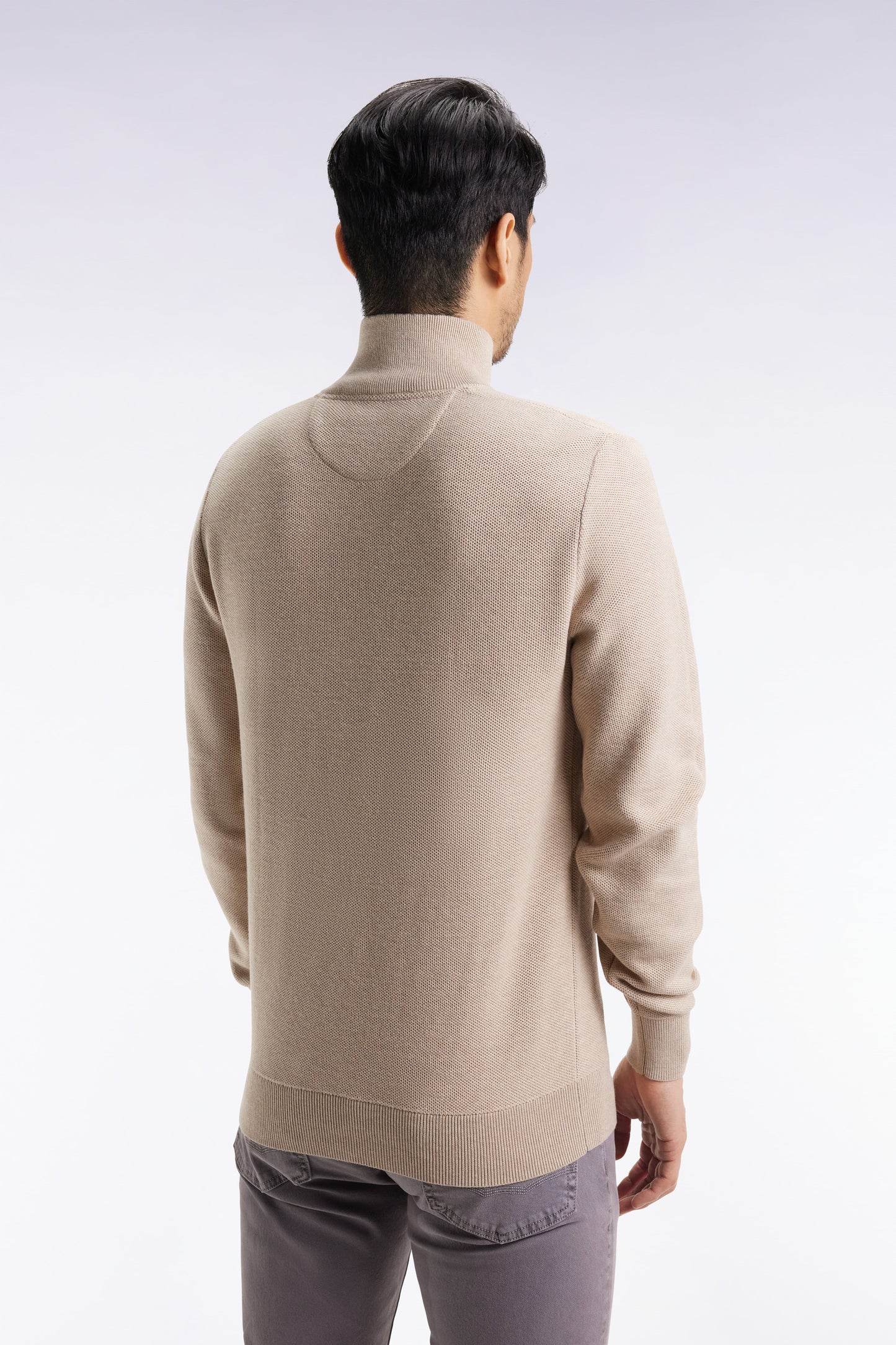Beige cotton honeycomb trucker-neck sweater