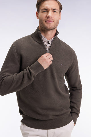 Brown cotton honeycomb trucker-neck sweater