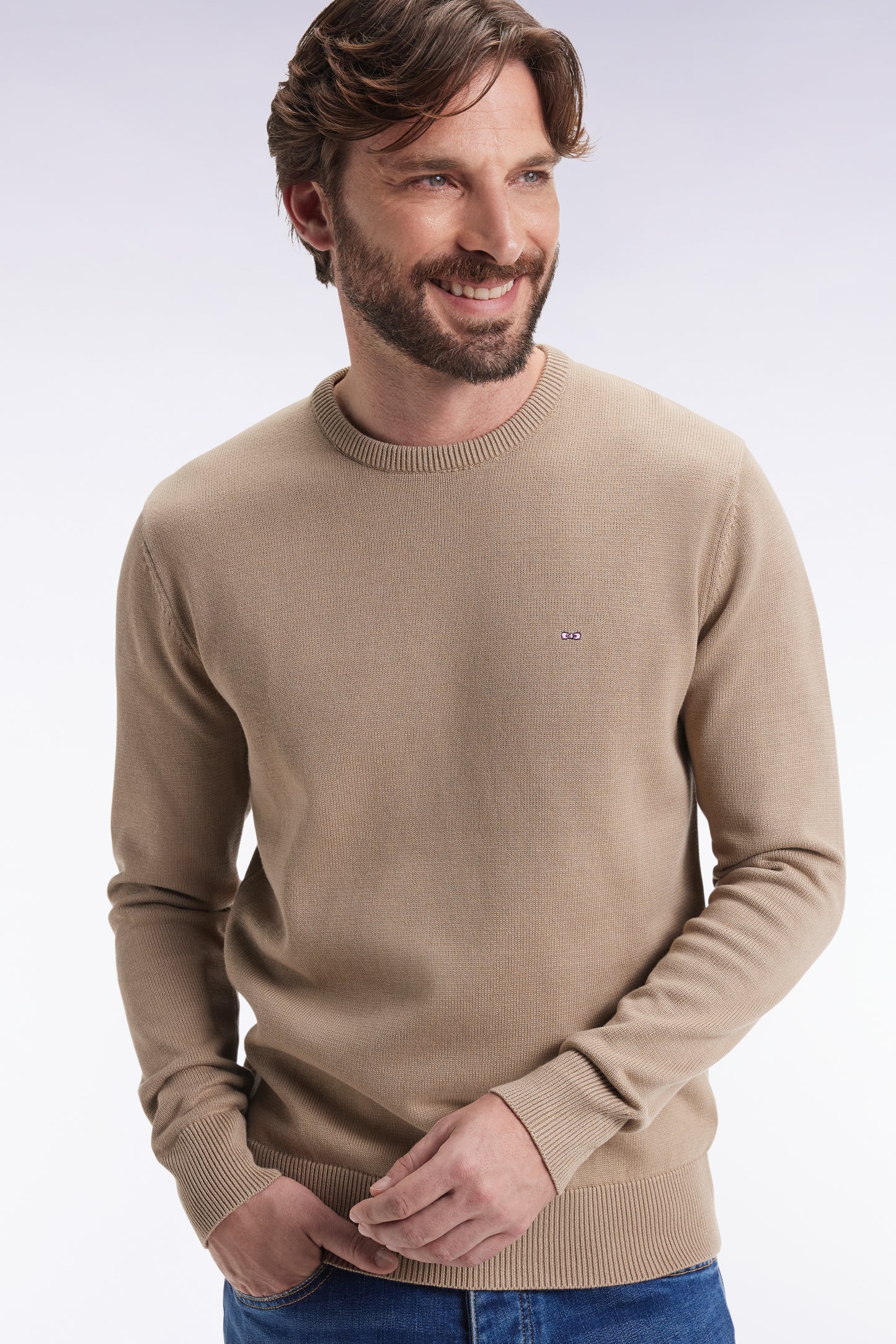 Round-neck sweater in thick beige cotton
