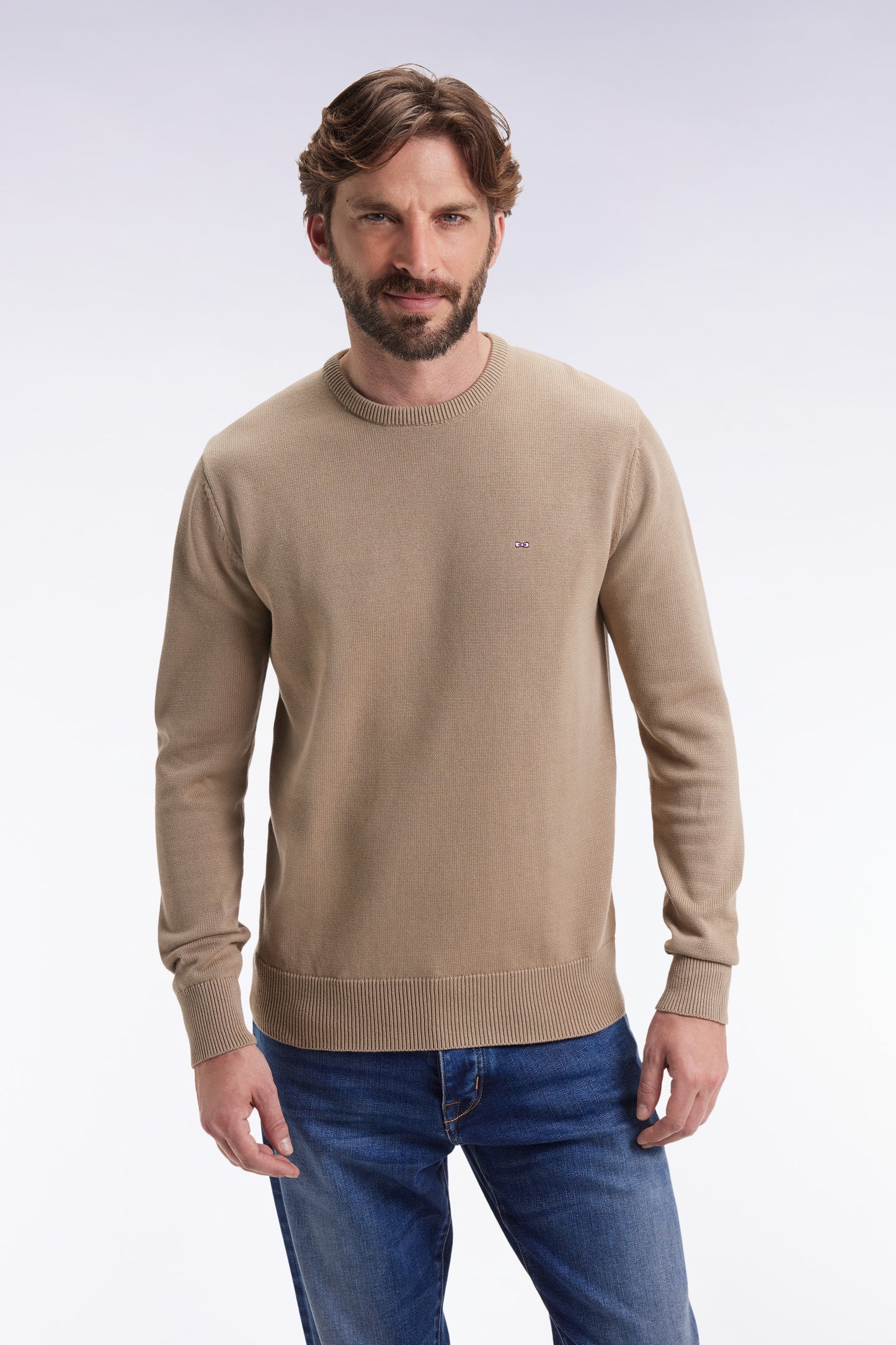 Round-neck sweater in thick beige cotton